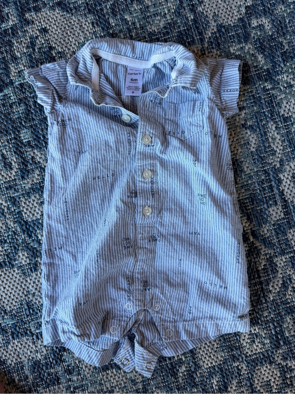 Carter's Light Blue & White Striped Button Romper Size 6 mos excellent condition